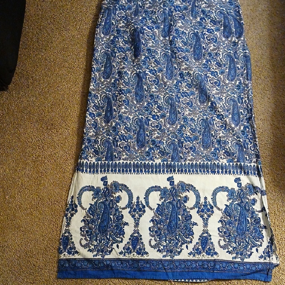 NEW Elegant 100% Cotton Drawstring Blue Paisley Skirt,Slits. One size